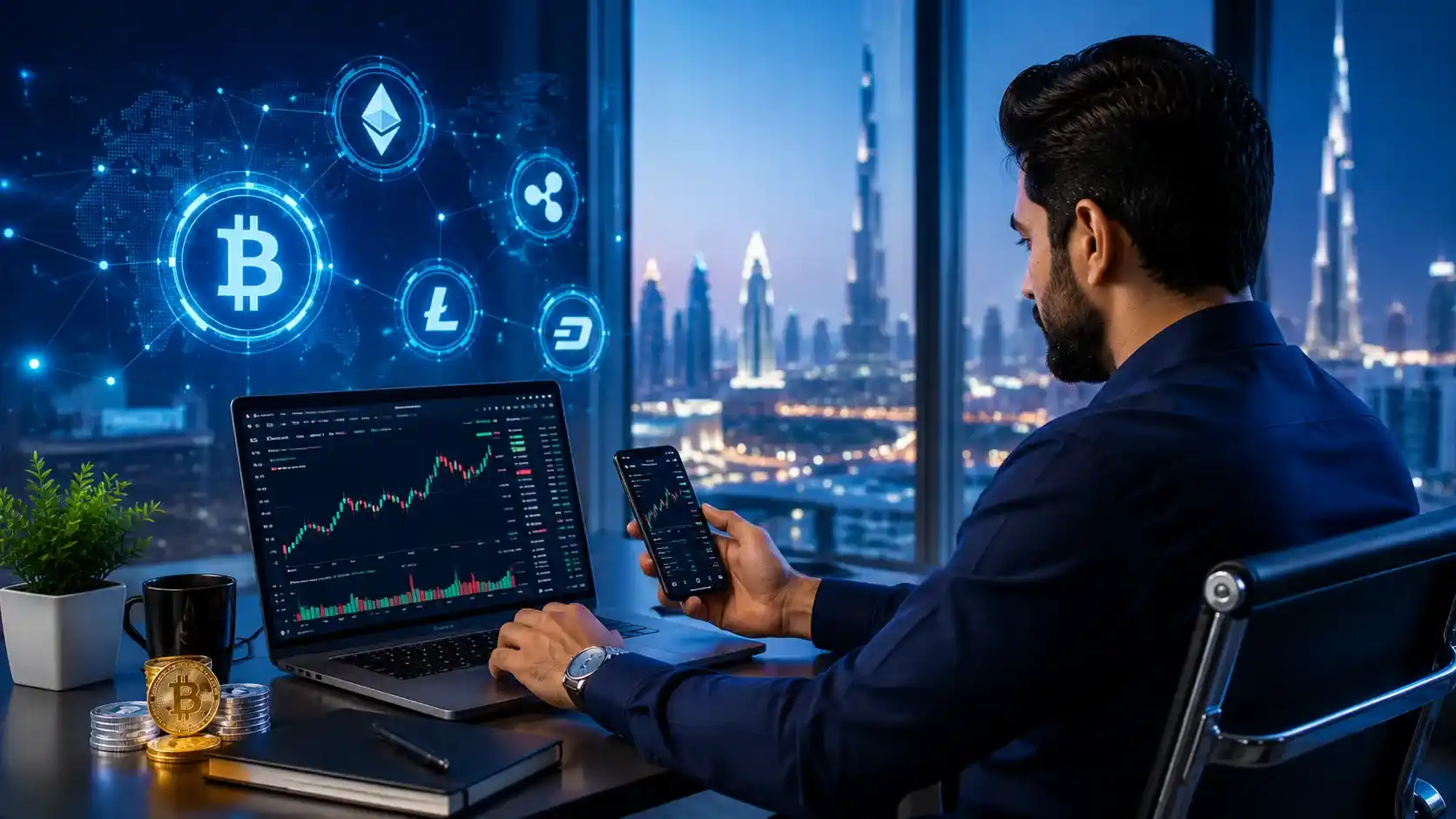 Cryptocurrency in UAE — a person analyzing crypto charts on a laptop with blockchain graphics in Dubai