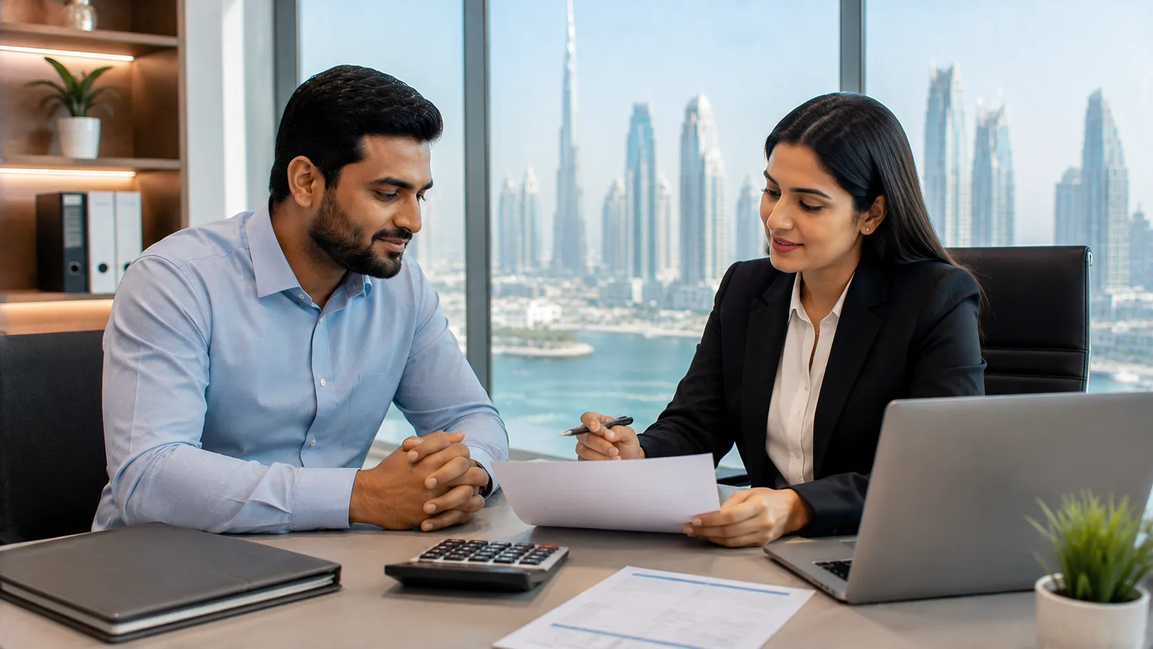 End of service gratuity UAE — an employee and HR manager reviewing a settlement document in Dubai