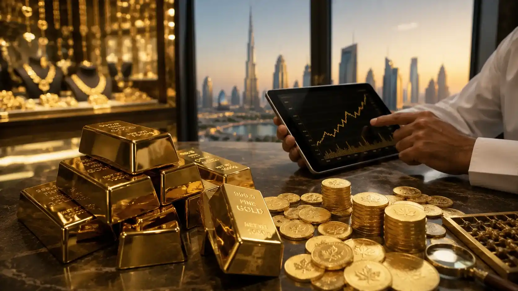 Gold investment in UAE — gold bars and coins with a gold price chart in Dubai