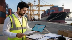 Import export business in Dubai — a trader reviewing shipping documents at a port with cargo containers in the UAE