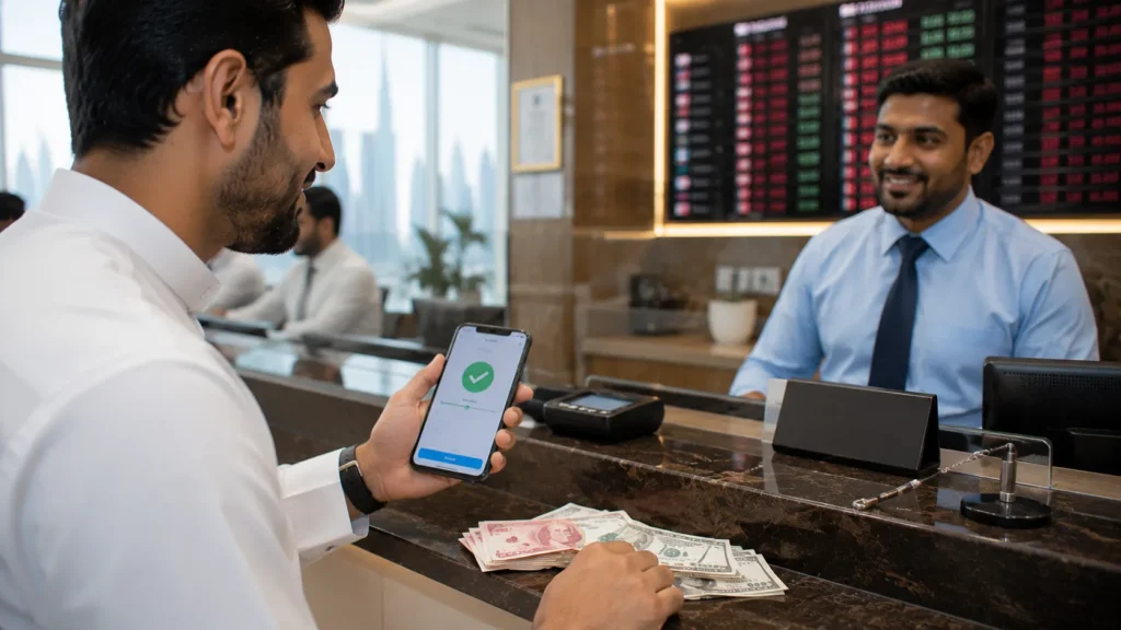 Money transfer from UAE — a person sending money via app and exchange house in Dubai