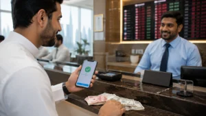 Money transfer from UAE — a person sending money via app and exchange house in Dubai