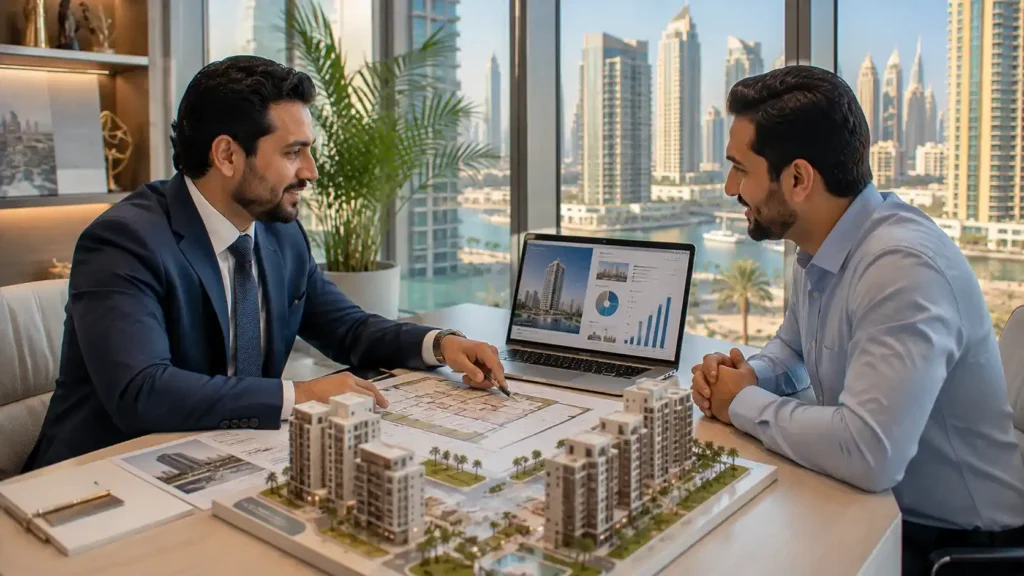 Real estate investment in Dubai — an investor reviewing property plans and rental yield charts in the UAE