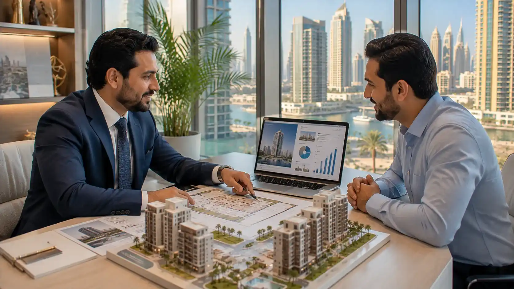 Real estate investment in Dubai — an investor reviewing property plans and rental yield charts in the UAE