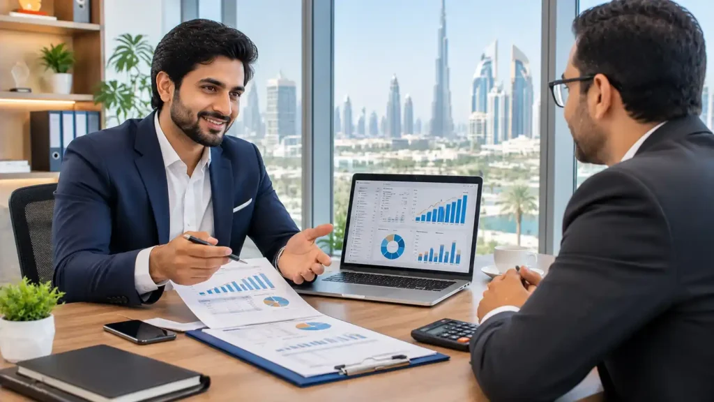SME funding UAE — a small business owner presenting a business plan to a bank manager in Dubai