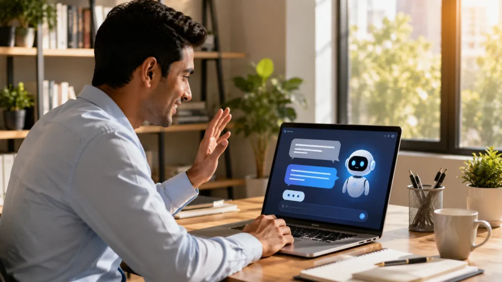 AI chat GPT — a person chatting with a friendly AI chatbot on a laptop