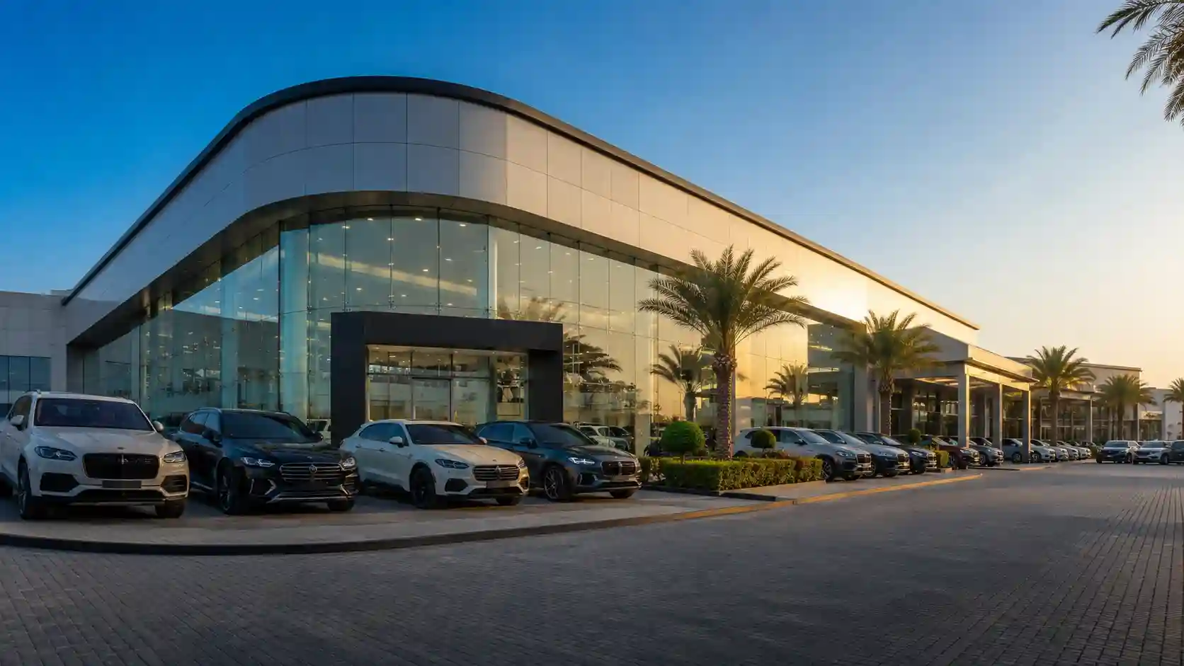 Major car dealership in the UAE with vehicles on display in a spacious forecourt