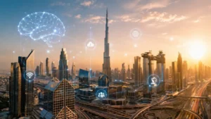 Artificial intelligence in UAE — a smart UAE city skyline with digital AI elements