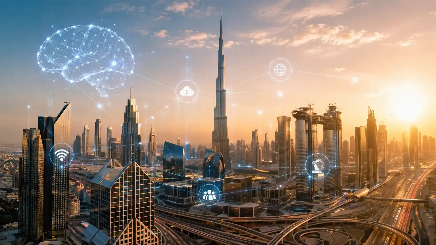 Artificial intelligence in UAE — a smart UAE city skyline with digital AI elements