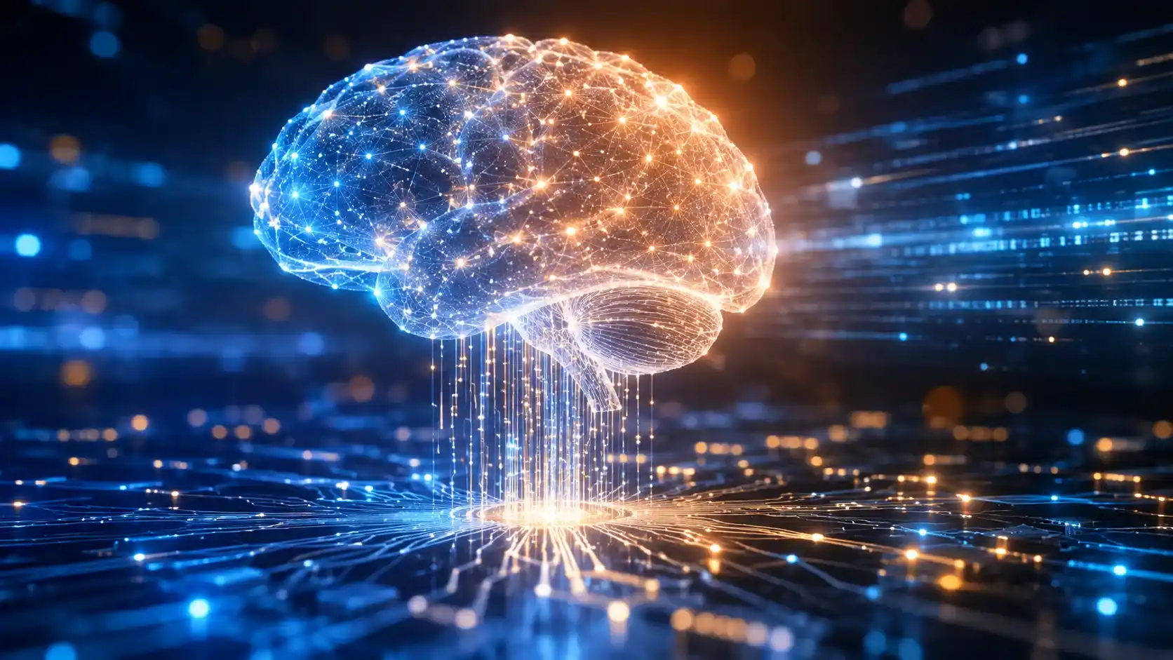 Artificial intelligence — a glowing digital brain of circuits symbolizing AI technology