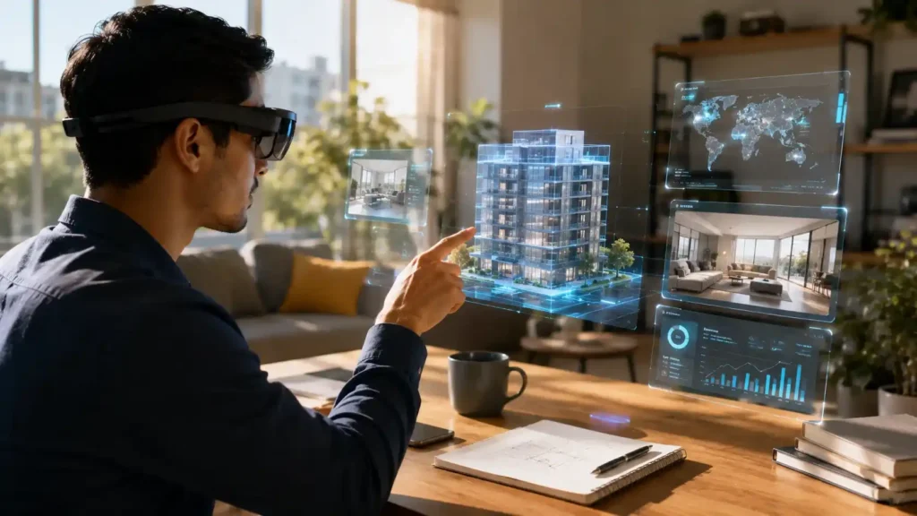 Augmented reality — a person viewing digital holograms over the real world with AR glasses