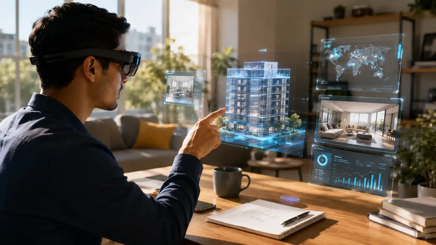 Augmented reality — a person viewing digital holograms over the real world with AR glasses
