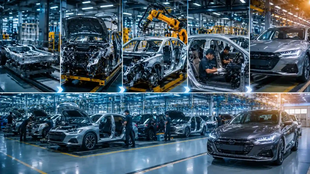 Auto industry — stages of car production from components to a finished vehicle in a factory