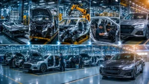 Auto industry — stages of car production from components to a finished vehicle in a factory