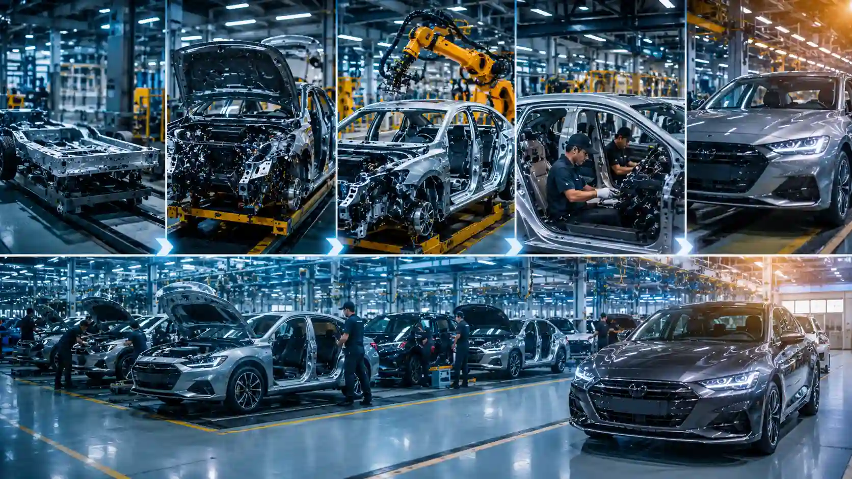 Auto industry — stages of car production from components to a finished vehicle in a factory