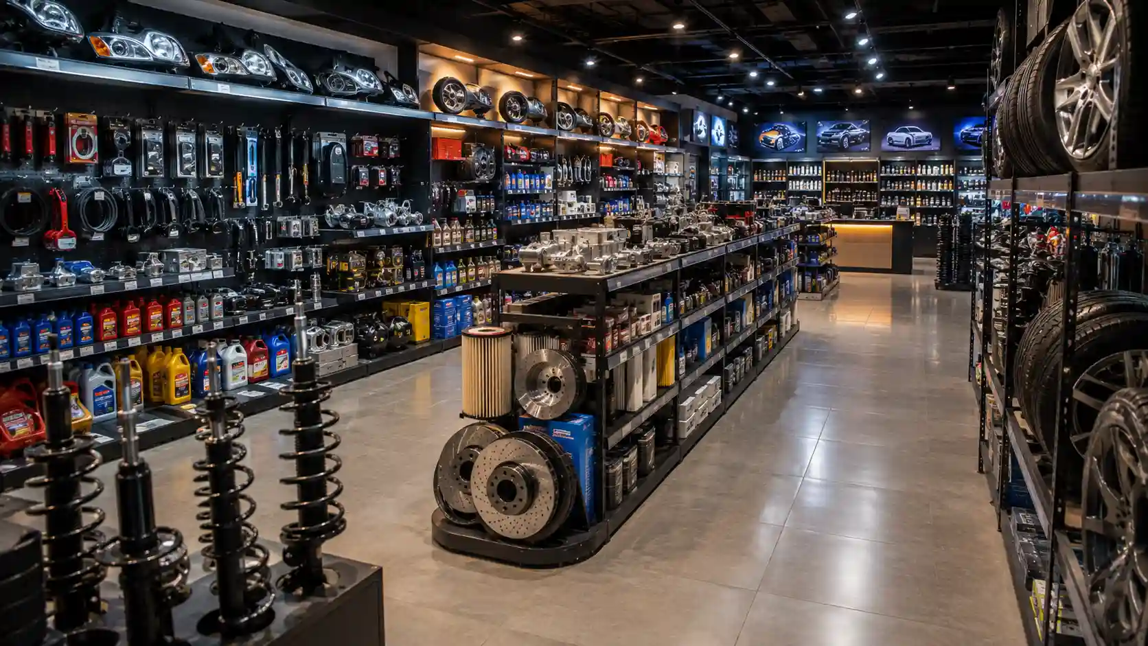 Auto parts store — a well-stocked interior with shelves of car parts and accessories