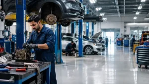 Auto repair shop — a well-organised garage with cars on lifts and mechanics working