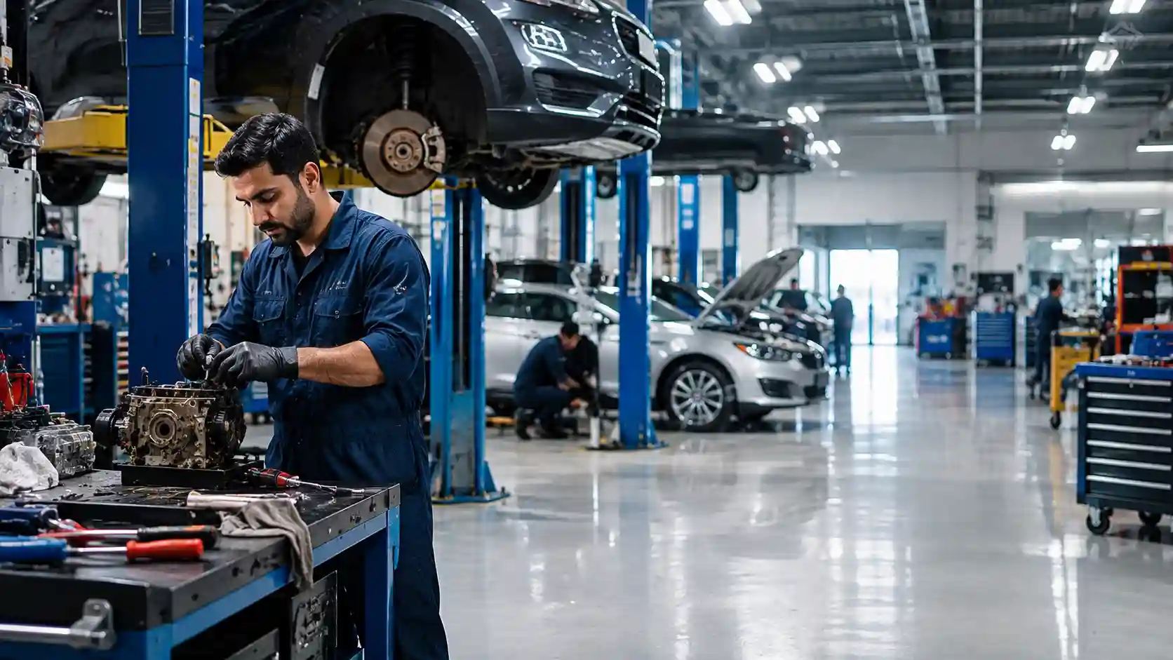 Auto repair shop — a well-organised garage with cars on lifts and mechanics working