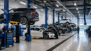 Auto service center — a modern facility with multiple service bays and cars being worked on