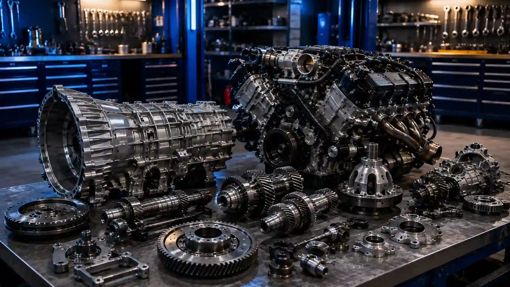 Car engine and transmission components displayed in a workshop, including the gearbox