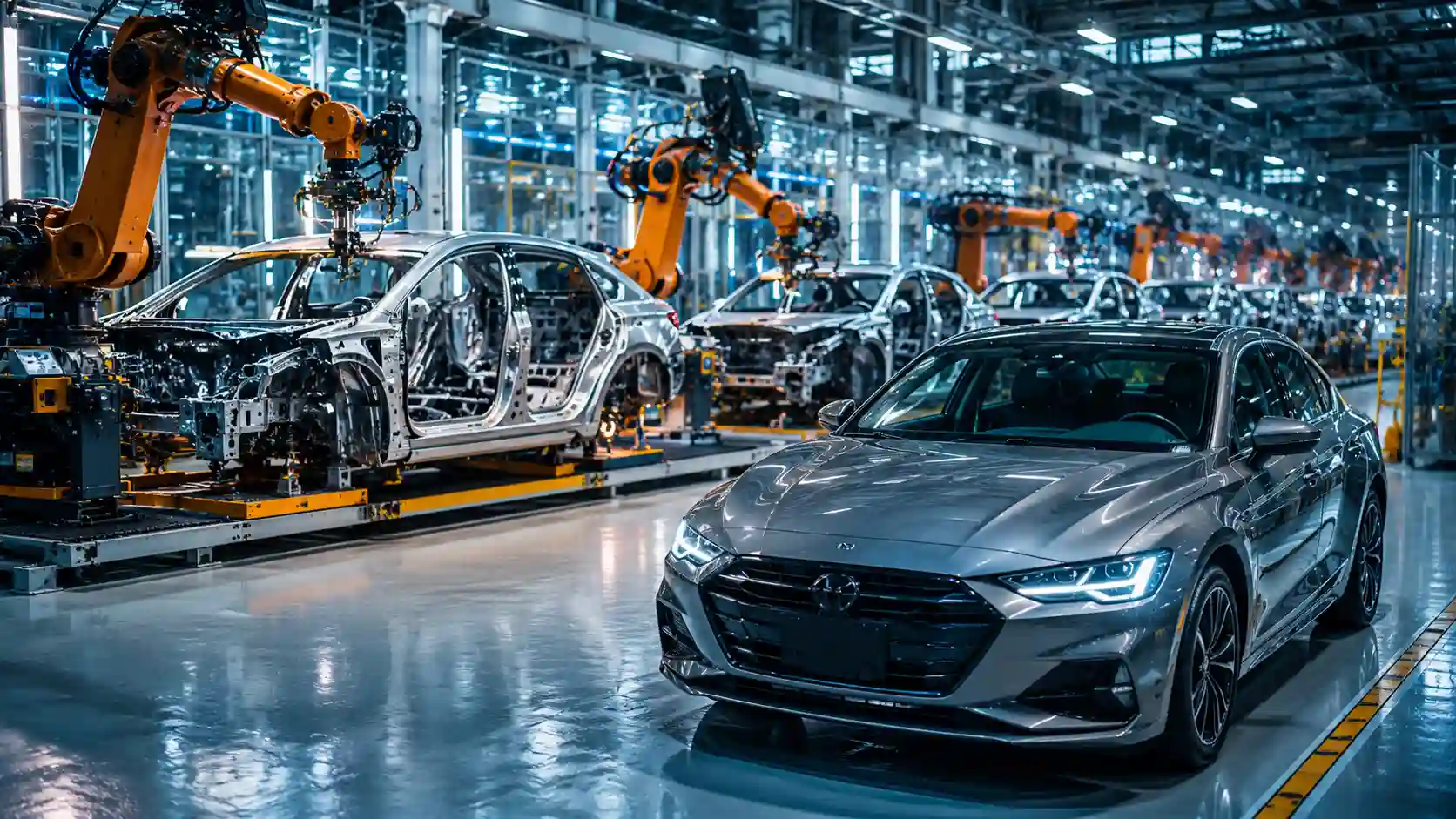 Automotive industry — a modern car assembly line with vehicles in production