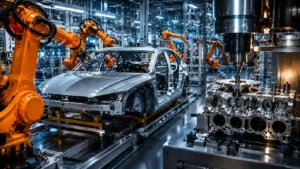 Automotive technology — a modern car and robotic CNC machinery in a manufacturing facility
