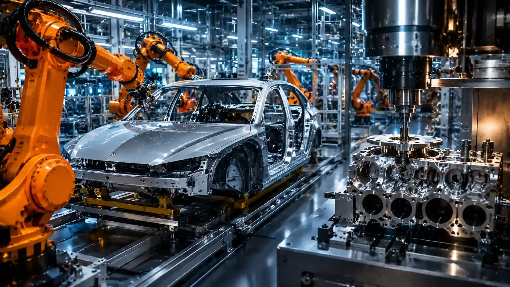 Automotive technology — a modern car and robotic CNC machinery in a manufacturing facility