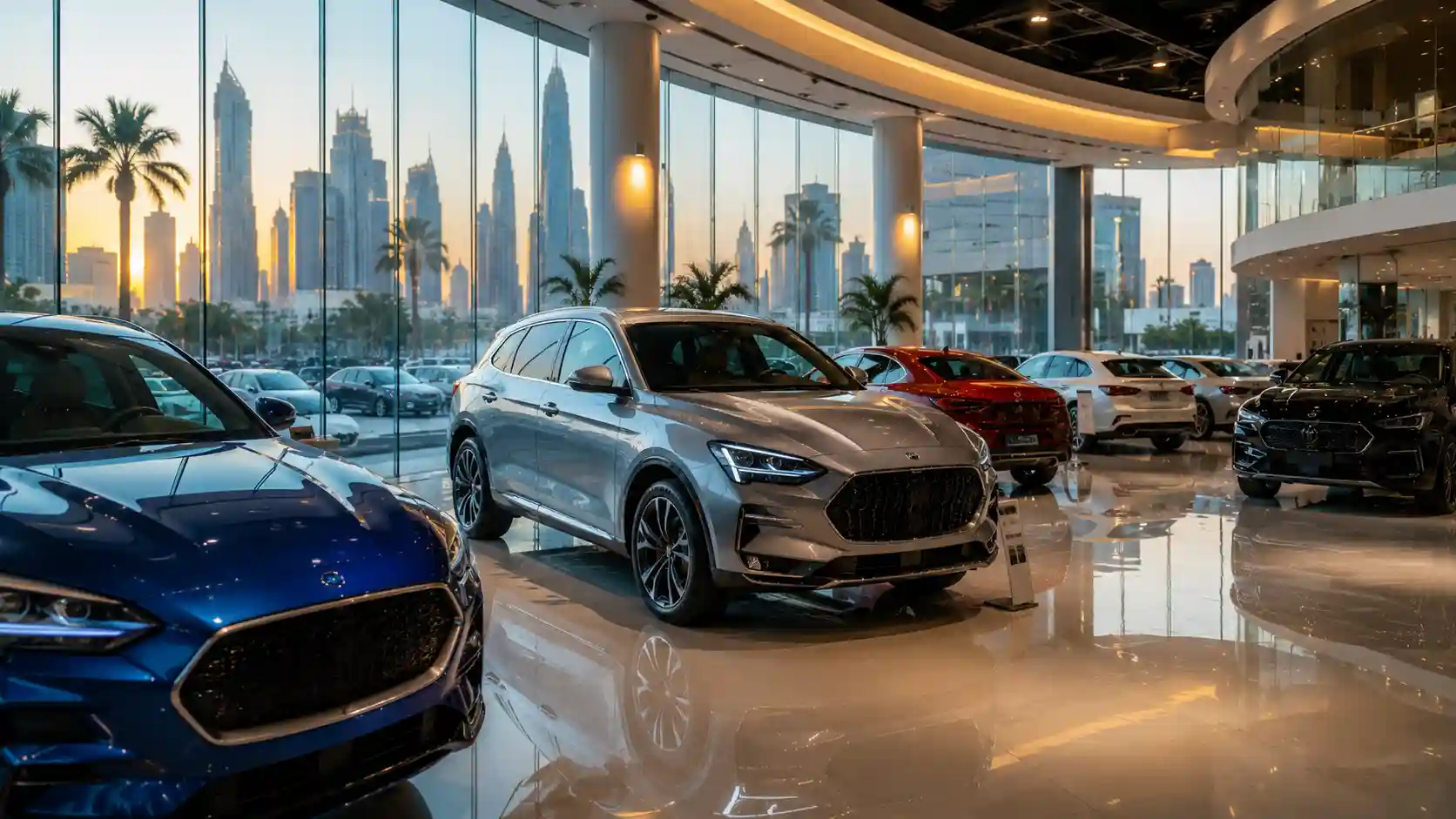 Automotive UAE — a vibrant car showroom with vehicles and a city skyline