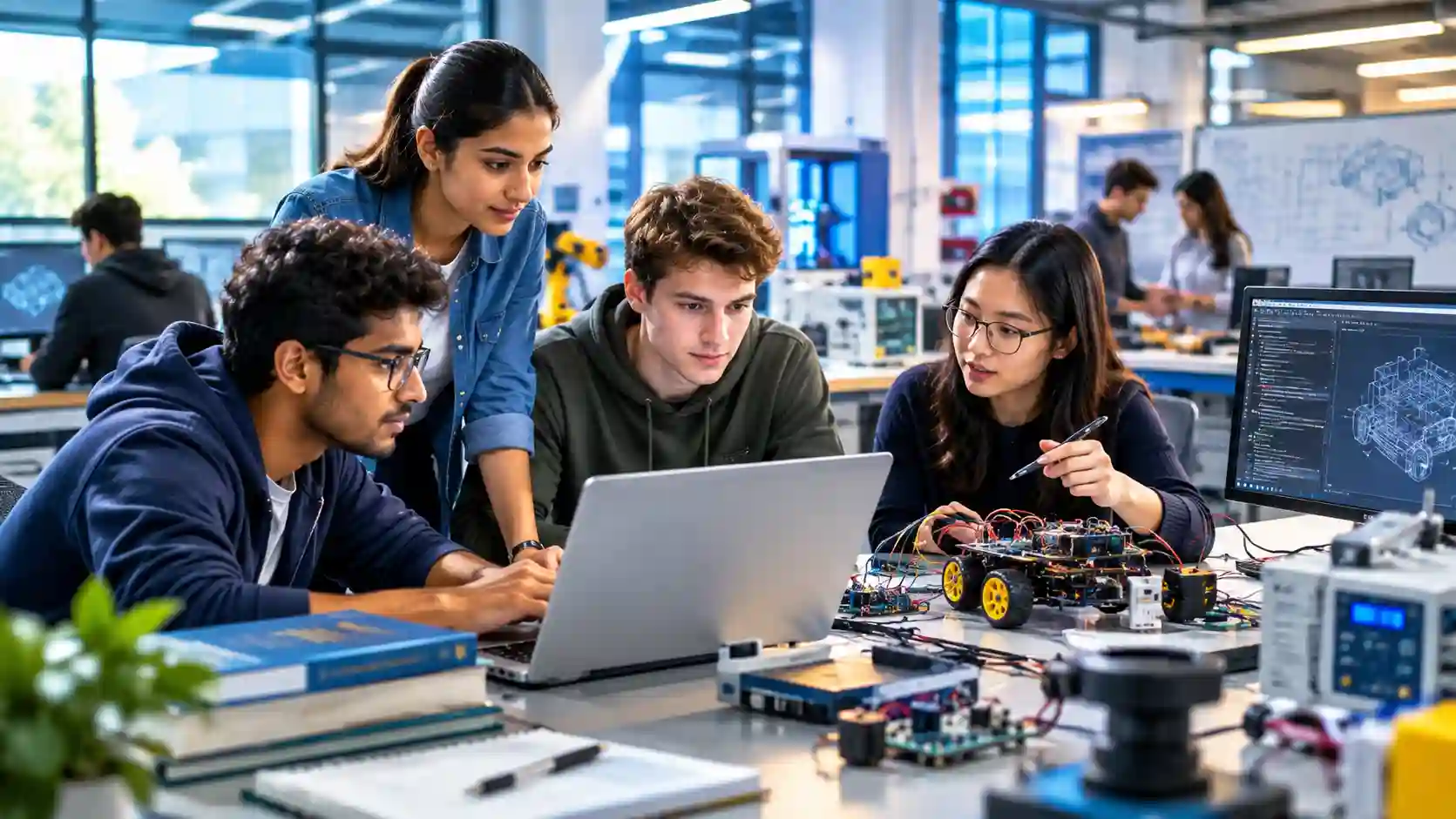 B.Tech — engineering students working with computers in a modern university lab