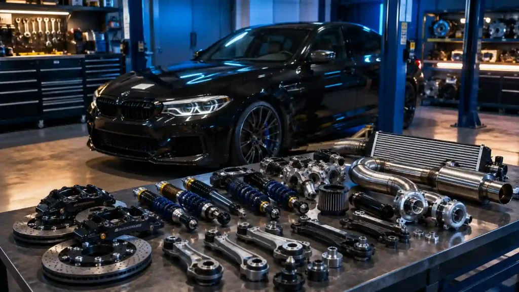 Precision spare parts and components for a premium performance sedan in a workshop