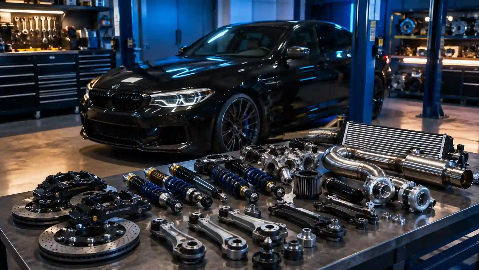 Precision spare parts and components for a premium performance sedan in a workshop