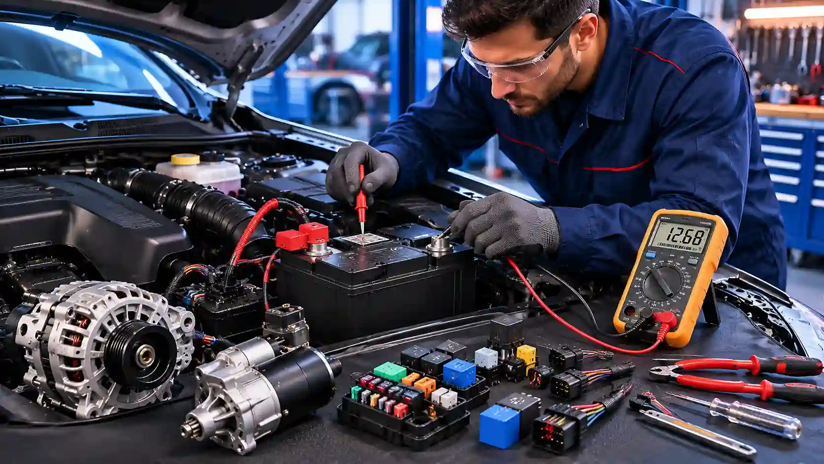 Car battery and electrical components being checked and tested in a workshop