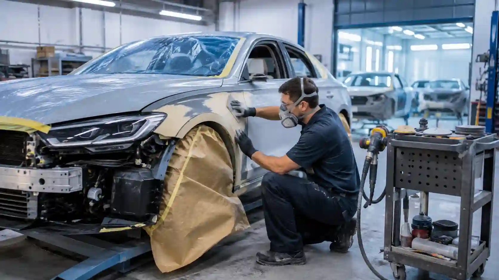Car body shop with a technician working on vehicle bodywork and repairs