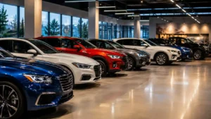 Car companies — a lineup of various modern cars in a bright showroom