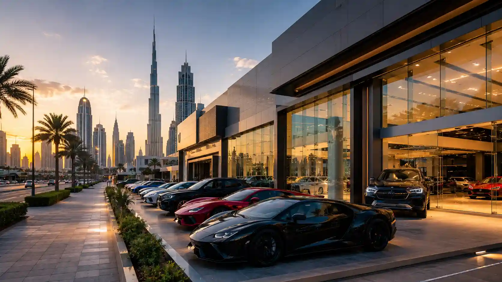 Car companies in Dubai — modern showrooms with premium vehicles and city skyline