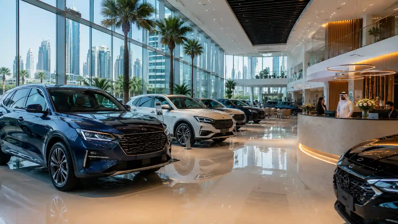 Car companies in the UAE — a modern dealership showroom with new vehicles on display