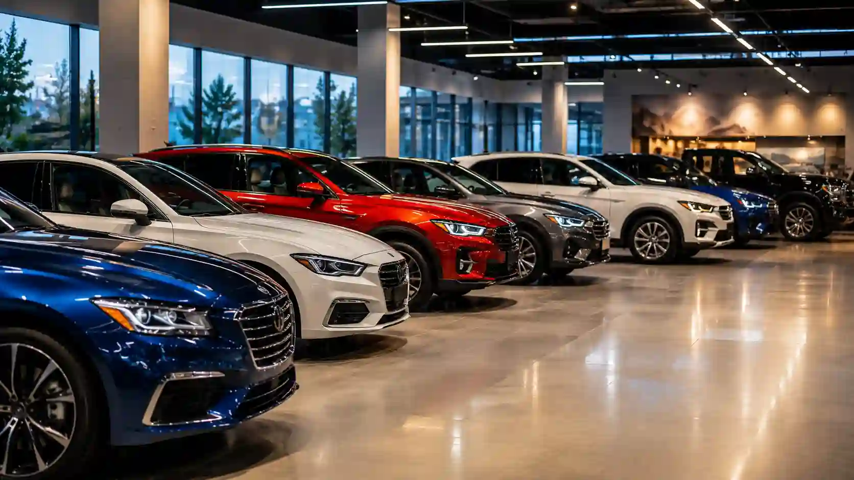 Car companies — a lineup of various modern cars in a bright showroom