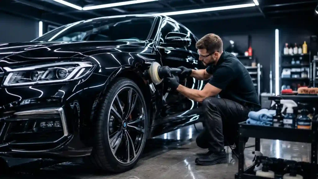 Car detail service — a technician polishing a gleaming car in a clean studio