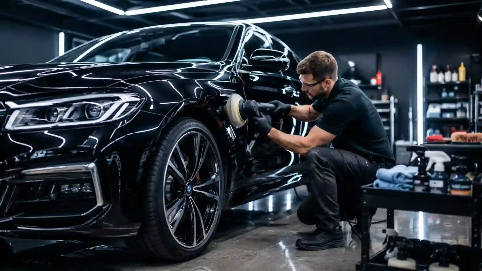 Car detail service — a technician polishing a gleaming car in a clean studio