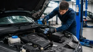 Car maintenance — checking the engine bay and fluids of a car with the bonnet open