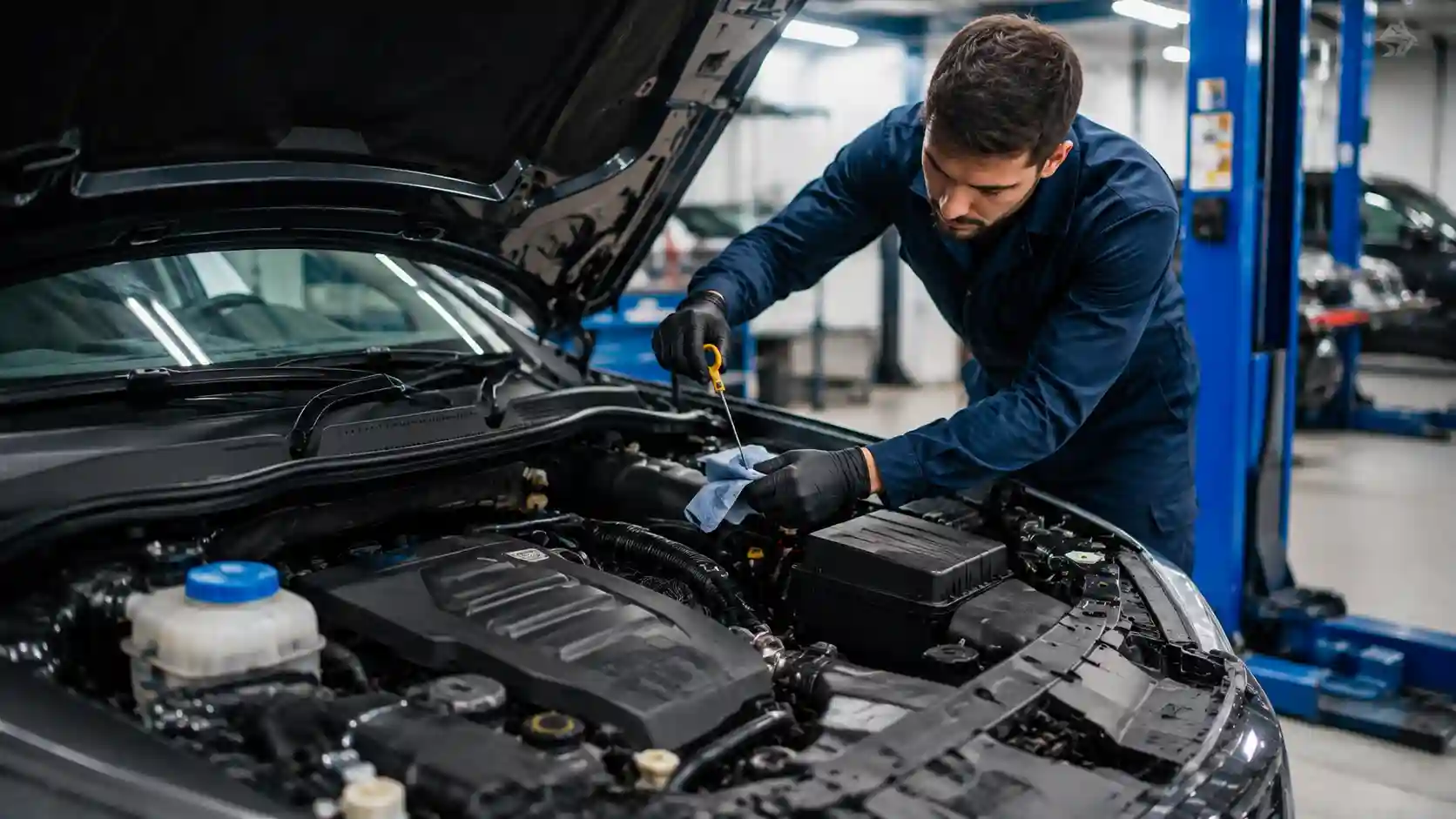 Car maintenance — checking the engine bay and fluids of a car with the bonnet open