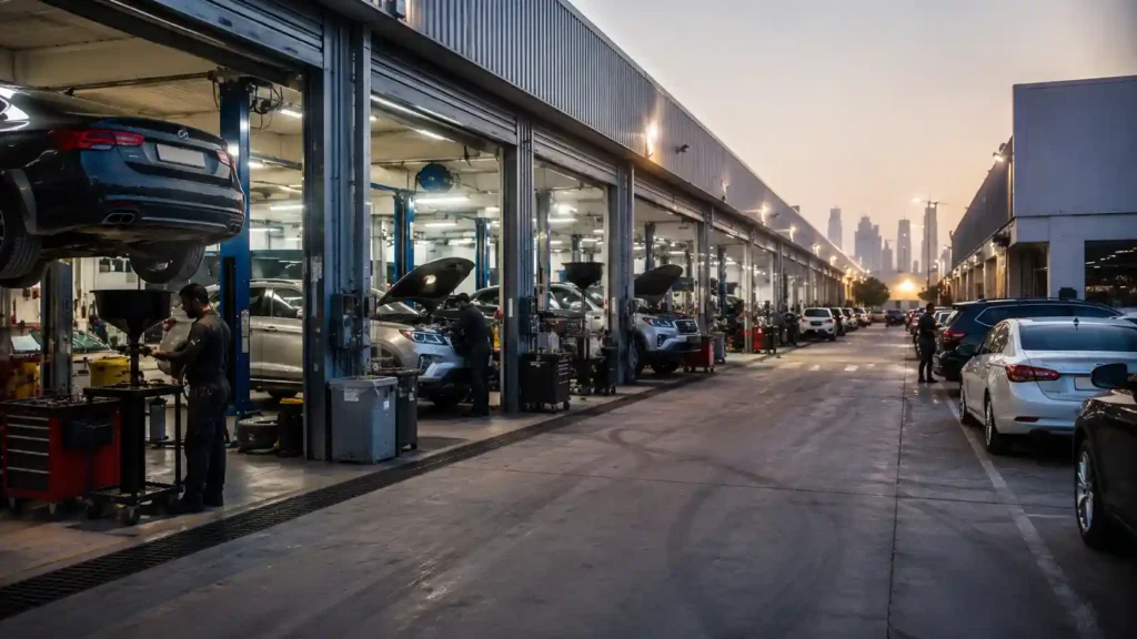 Car repair in Al Quoz — an industrial automotive workshop district with cars being serviced