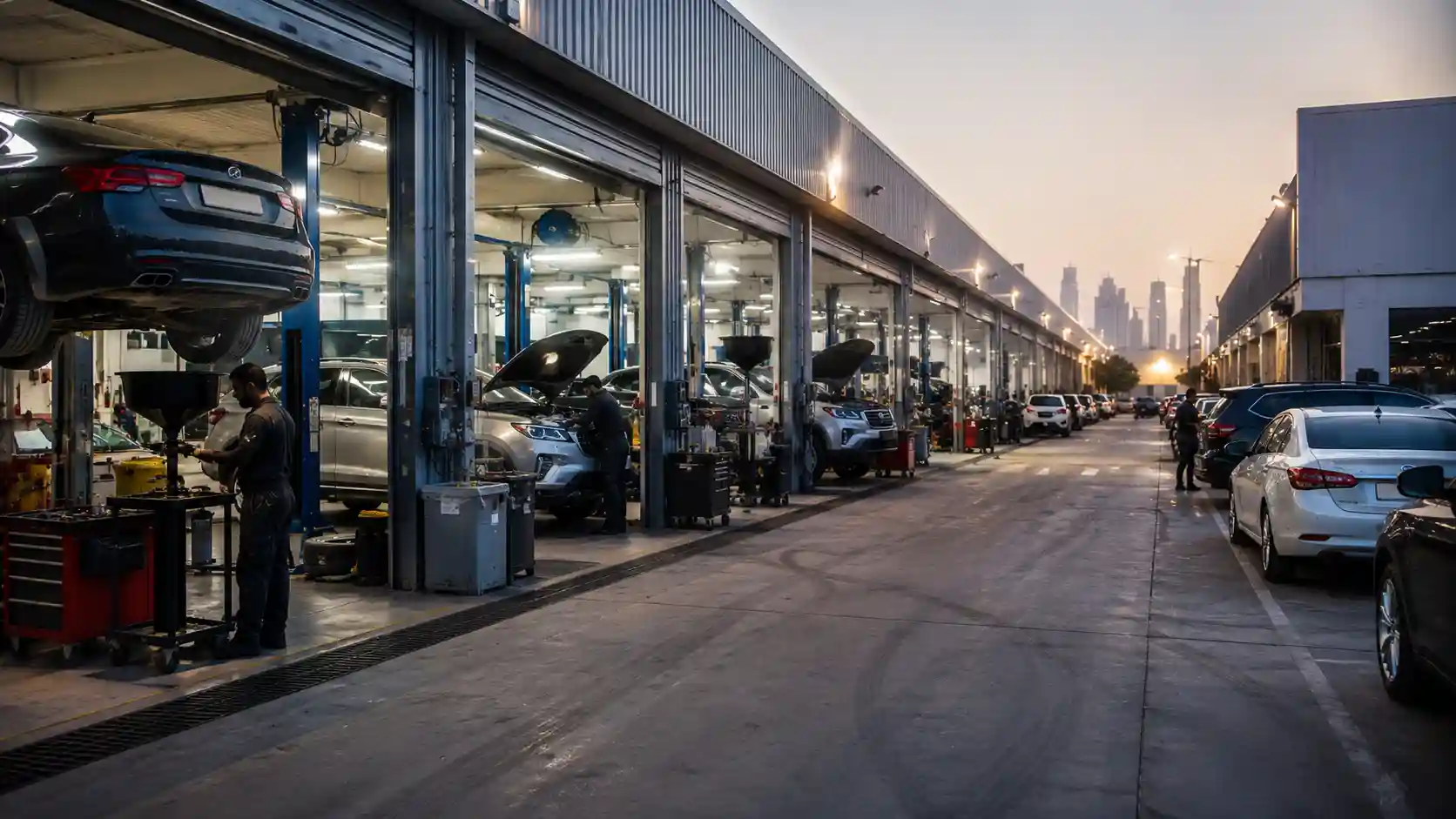 Car repair in Al Quoz — an industrial automotive workshop district with cars being serviced