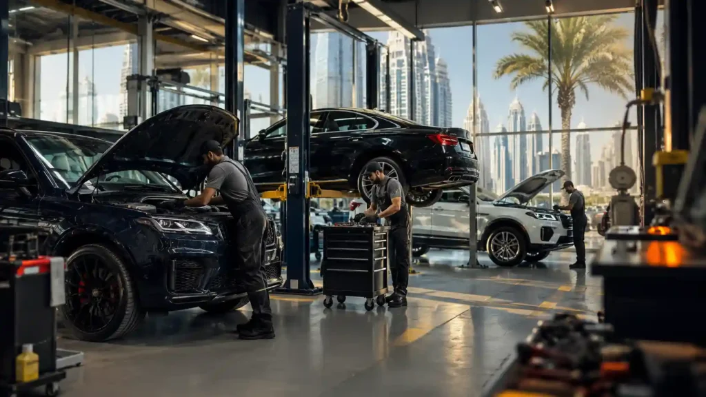 Car repair in Dubai — a modern garage with cars being serviced by mechanics
