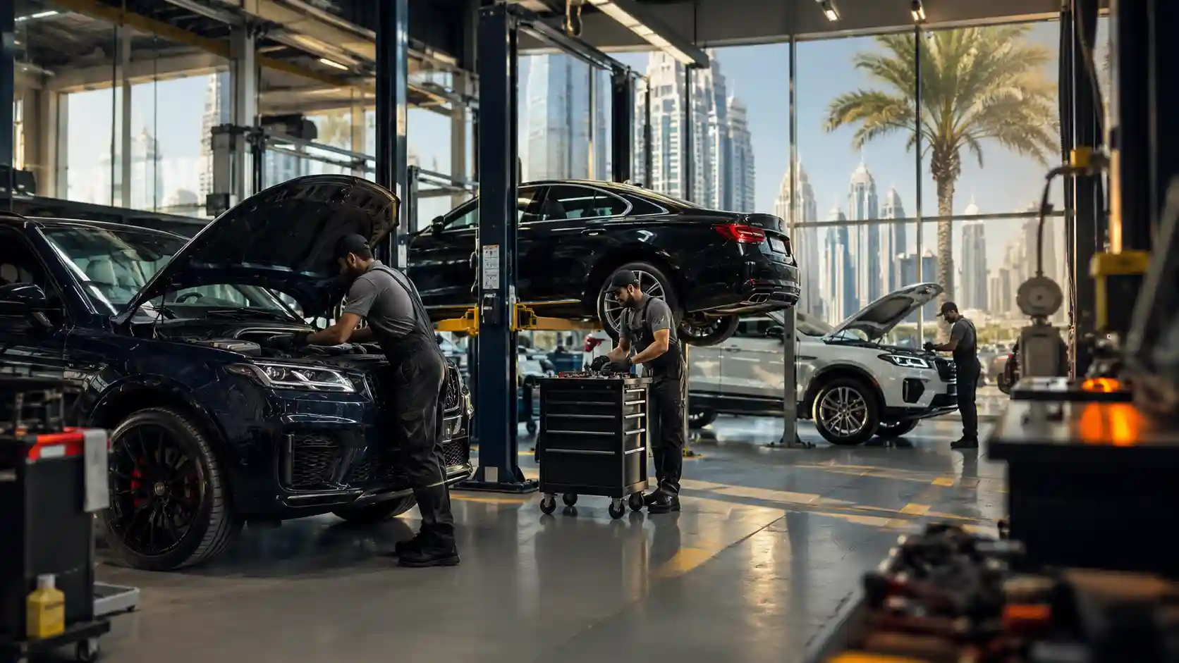 Car repair in Dubai — a modern garage with cars being serviced by mechanics