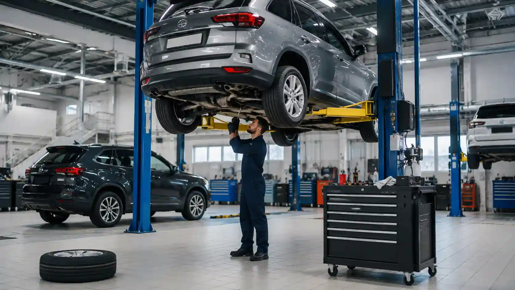Car repair services — a mechanic working on a car raised on a lift in a modern workshop