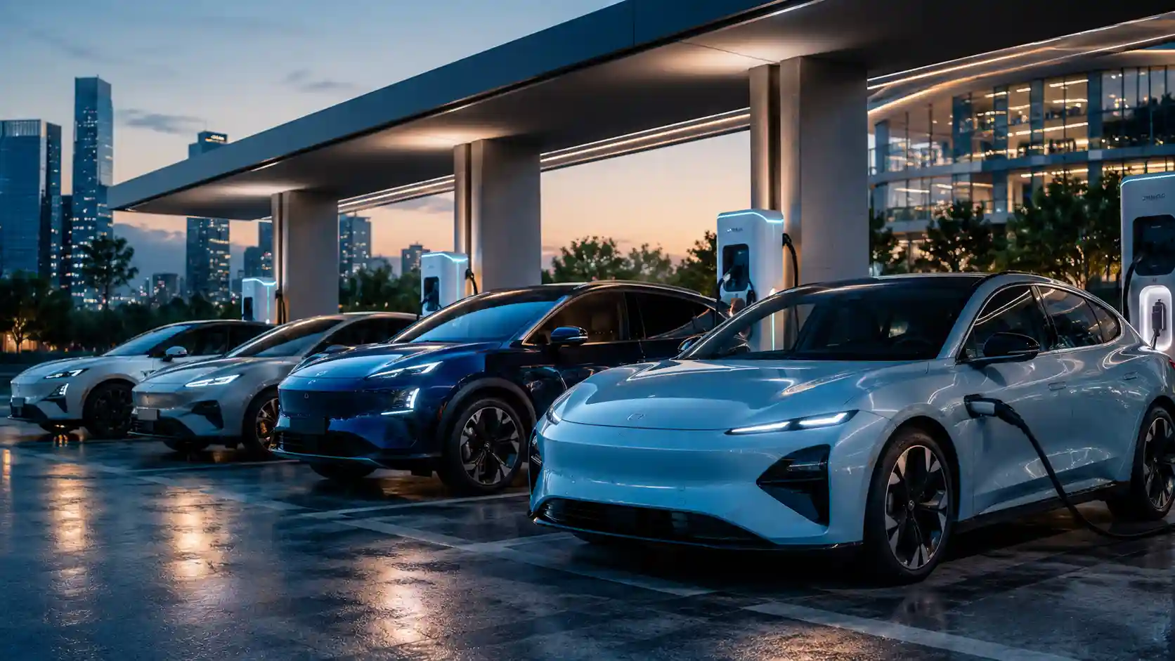 Chinese car companies — modern electric and hybrid cars with charging points