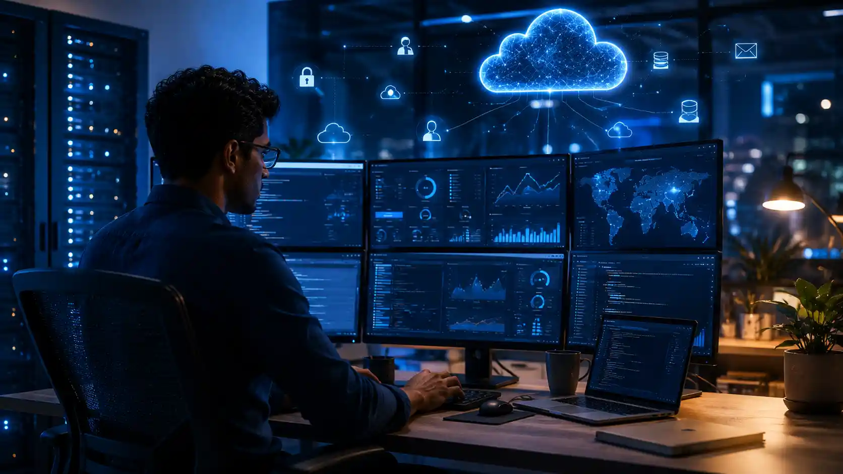 Cloud engineer — an IT professional working with cloud dashboards and server data
