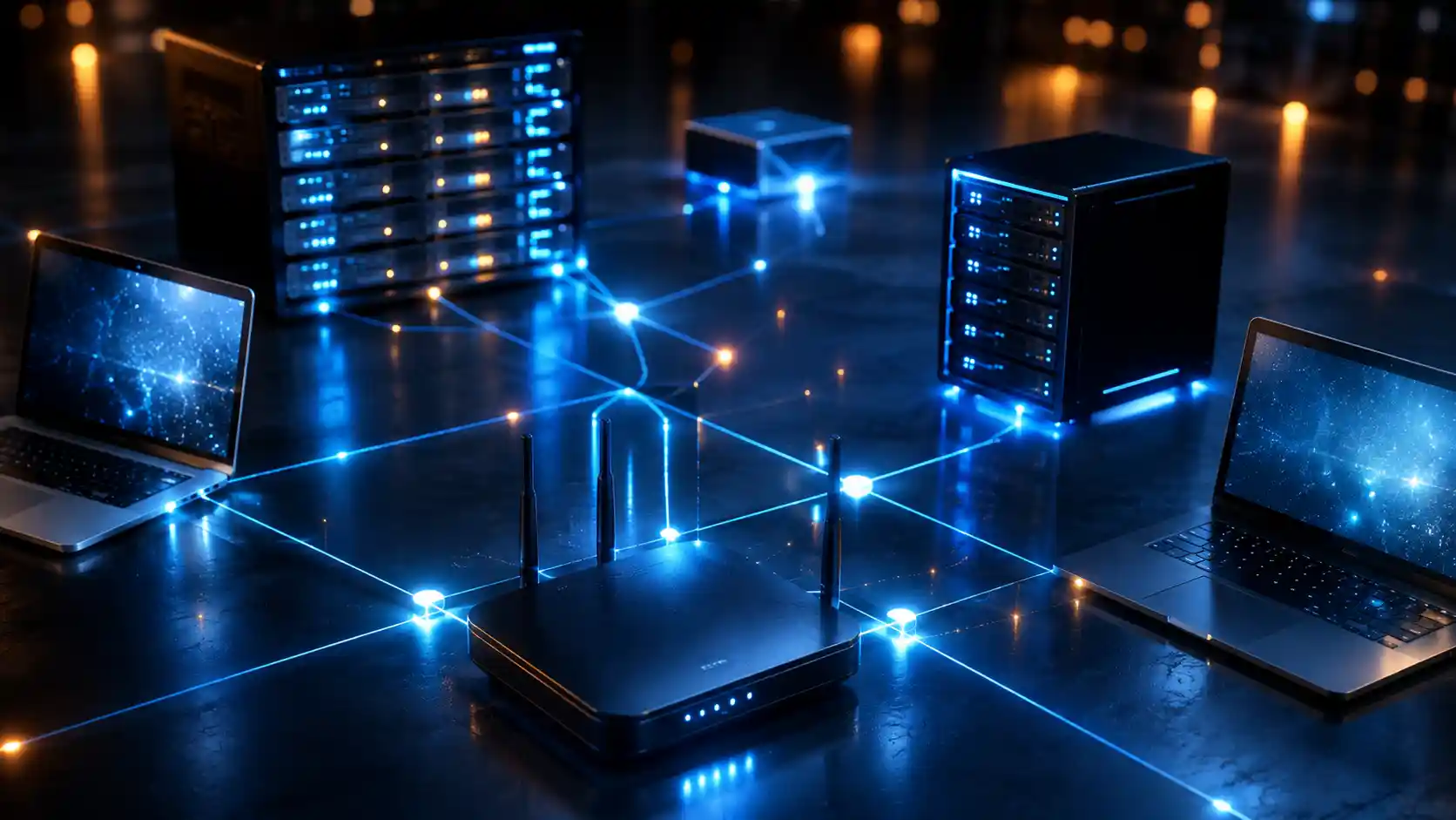 Computer network — glowing lines connecting laptops, servers, and a router