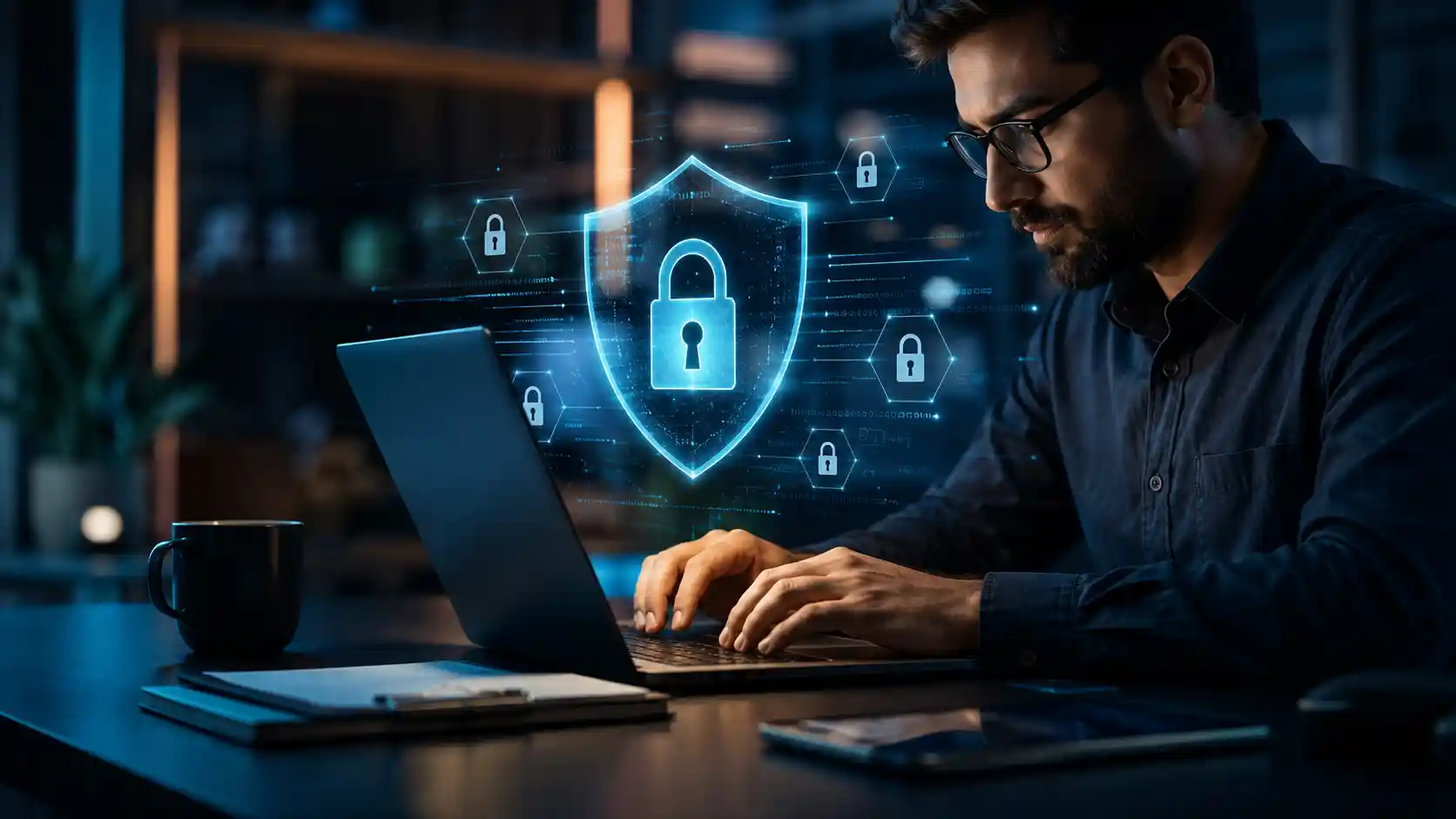 Computer security — a laptop protected by a glowing digital shield and lock icons